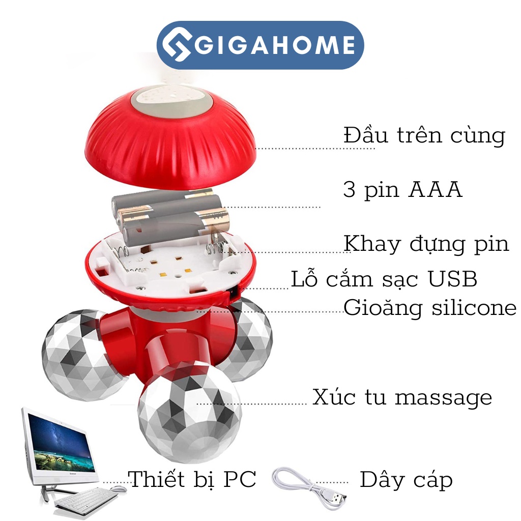 Máy Massage Cầm Tay Mini Rung 3 Chân Kim Cương GIGAHOME Dùng Pin Hoặc Cáp Sạc 11214