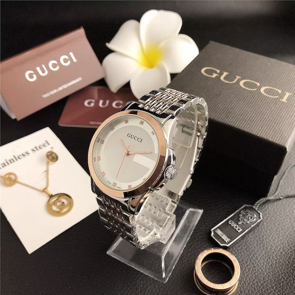 Đồng Hồ Đeo Tay Gucci Mặt Tròn Dây Da Phối Thép Không Gỉ Thời Trang Cho Cặp Đôi