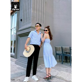 Set Sơ Mi Váy Đôi Caro Xanh FIG TREE Model ( Nam SM, nữ Yếm Siêu Kool)