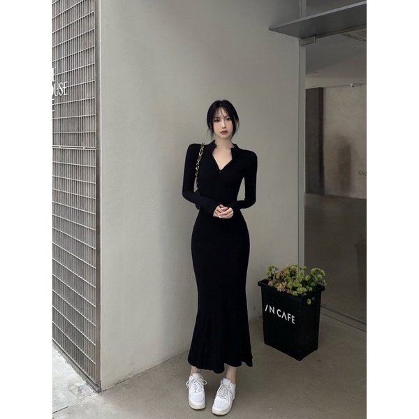 Váy body đuôi cá dáng dài YIMI khoá cổ thời trang thu đông