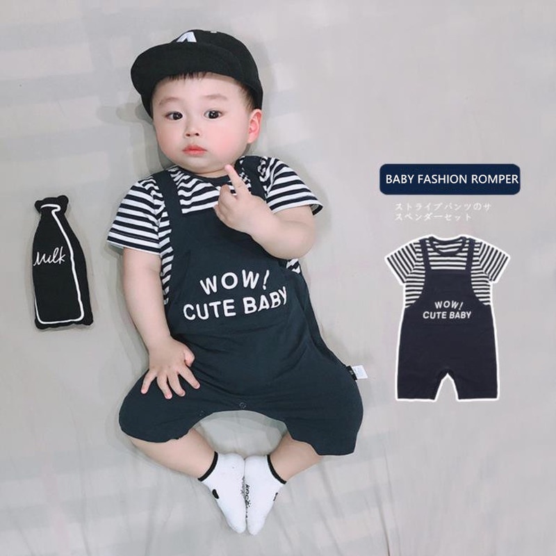 Áo liền quần bằng cotton tay ngắn họa tiết kẻ sọc thời trang mùa hè dành cho bé sơ sinh