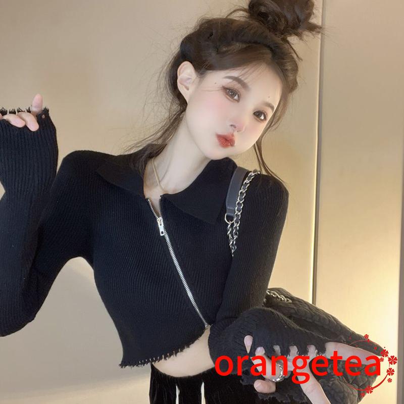Áo Croptop Dệt Kim Tay Dài Màu Sắc Đơn Giản Cho Nữ