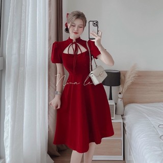 Váy đầm dự tiệc sang chảnh màu đỏ tay búp cổ tàu dáng xòe