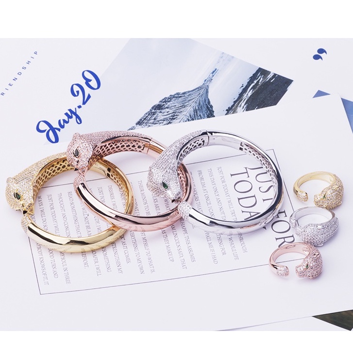 Bộ Trang Sức Vòng Tay / Nhẫn Họa Tiết Da Báo Đính Đá Zircon Cỡ Nhỏ Phong Cách Âu Mỹ Sang Trọng Thời Trang Cho Nữ