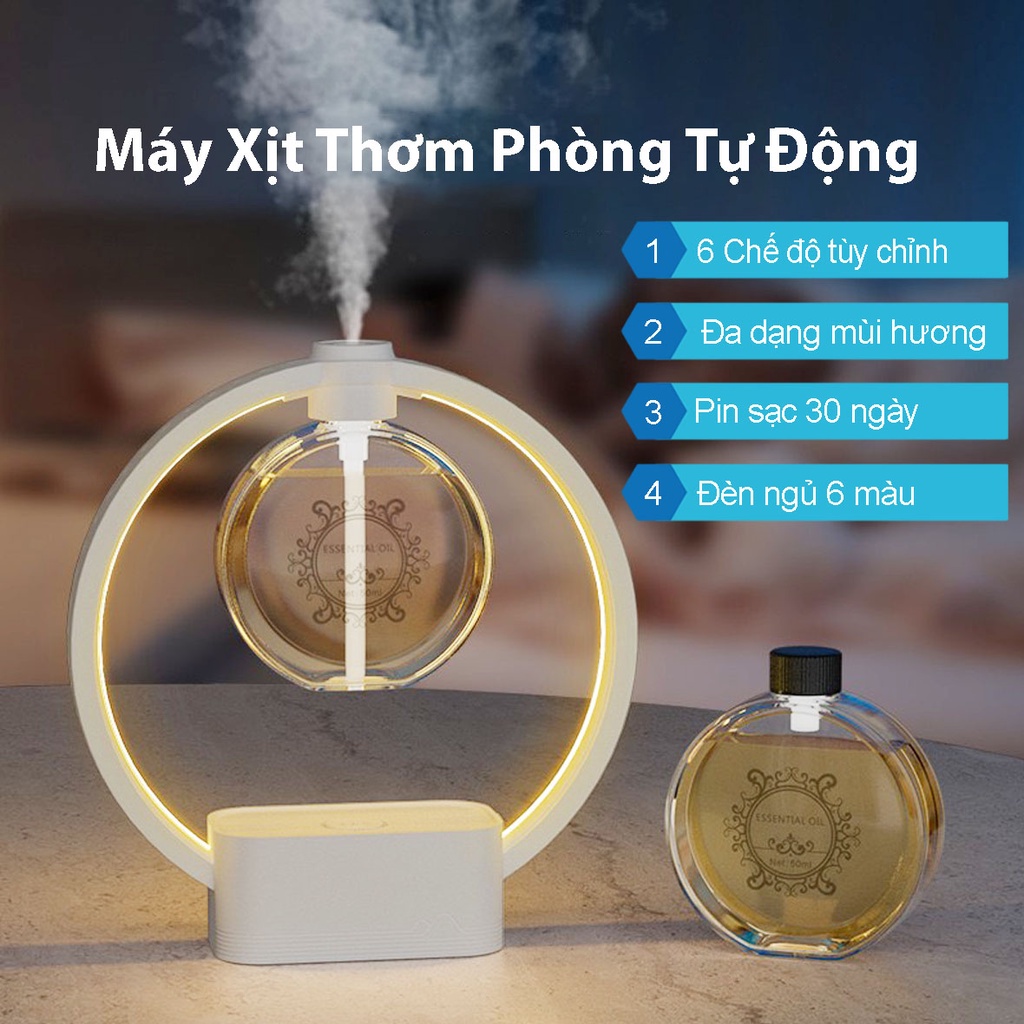 Máy Xịt Thơm Phòng Tự Động JD002, Tích Hợp Đèn Ngủ, Nước Hoa Thơm Phòng, 6 Mùi Hương, Tích Hợp Pin Sạc USB 1200mAh