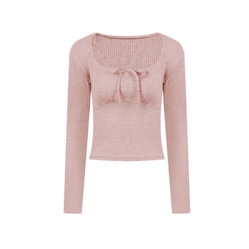 Áo Thun Tay Dài Cổ Vuông Cột Dây Màu Hồng Thời Trang Trẻ Trung