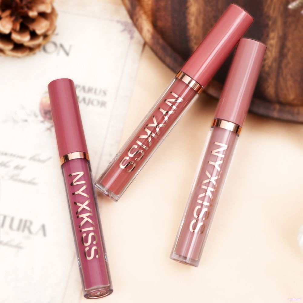 ♕NYXKISS 3 Máy/1 Bộ Son Môi Bộ Velvet Matte Môi Môi Tráng Men Mịn Bóng Chống Thấm Nước Bền Đẹp Không-Dán Cốc Môi Đất Sét Bộ Trang Điểm Môi UPBEST