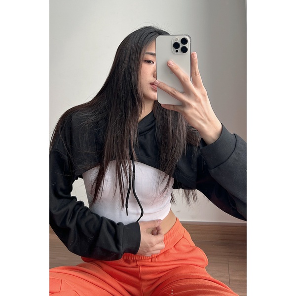 Áo hoodie Maybi croptop rộng thun kiểu