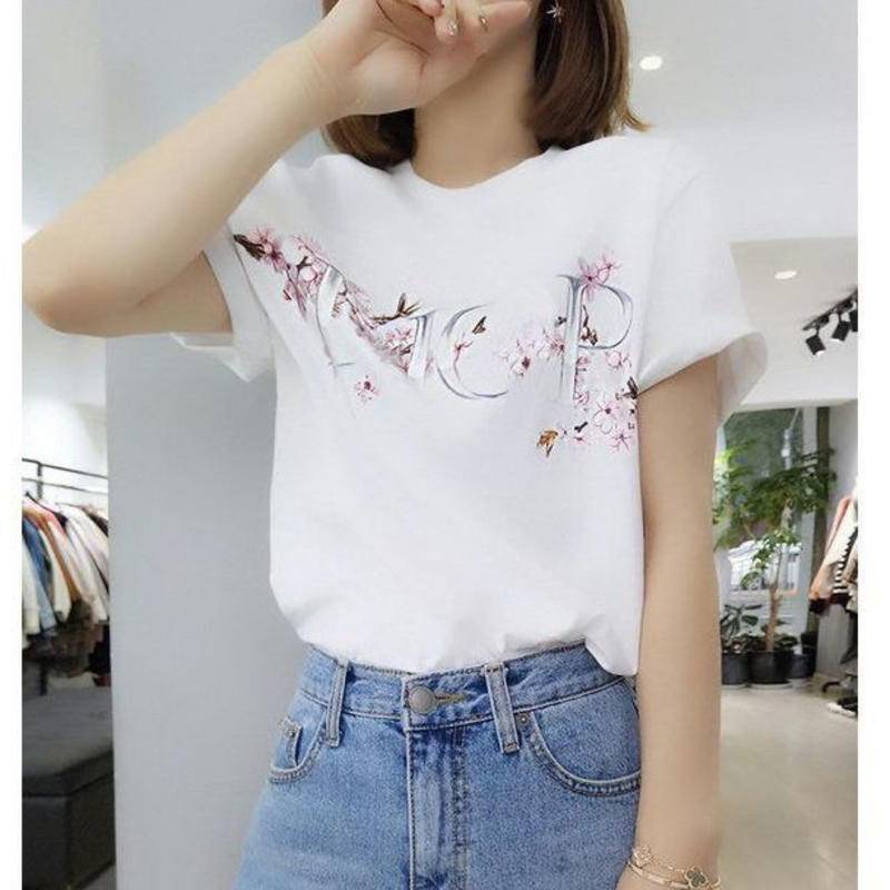 Áo Sơ Mi DIOR Vải Cotton Cổ Tròn Tay Ngắn Dáng Rộng Họa Tiết Hoa Màu Hồng Phong Cách Âu Mỹ Chất Lượng Cao Cho Nam Và Nữ