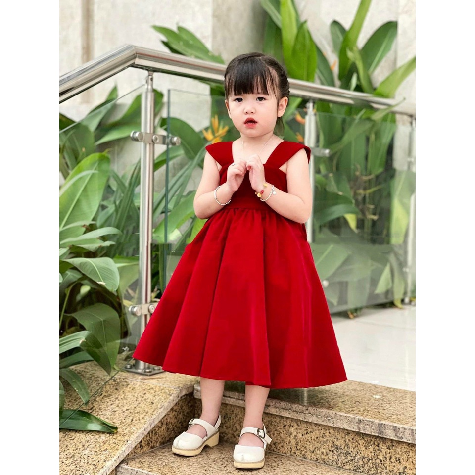 Váy đầm nhung đỏ 2 dây bản to cho bé gái 10-25kg