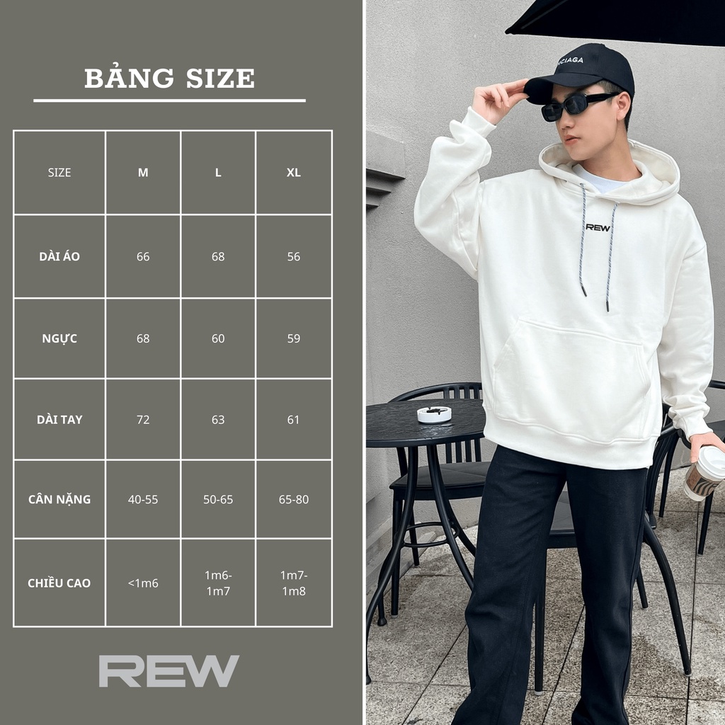 Áo Hoodie trắng form rộng 100% Cotton REW