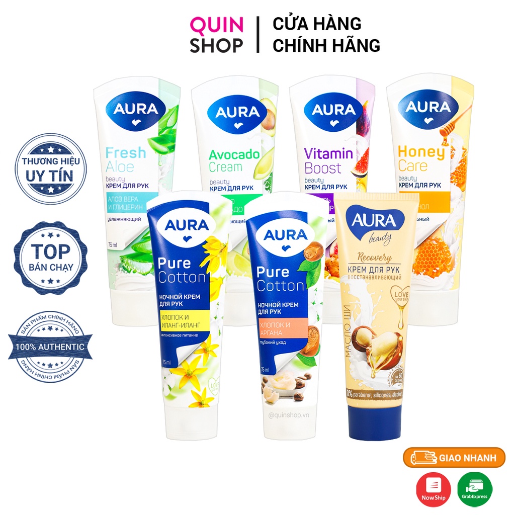 Kem Dưỡng Da Tay Aura Beauty Recovery, Pure Cotton, Avocado Cream, Honey Care, Fresh Aloe, Vitamin Boost 75ml