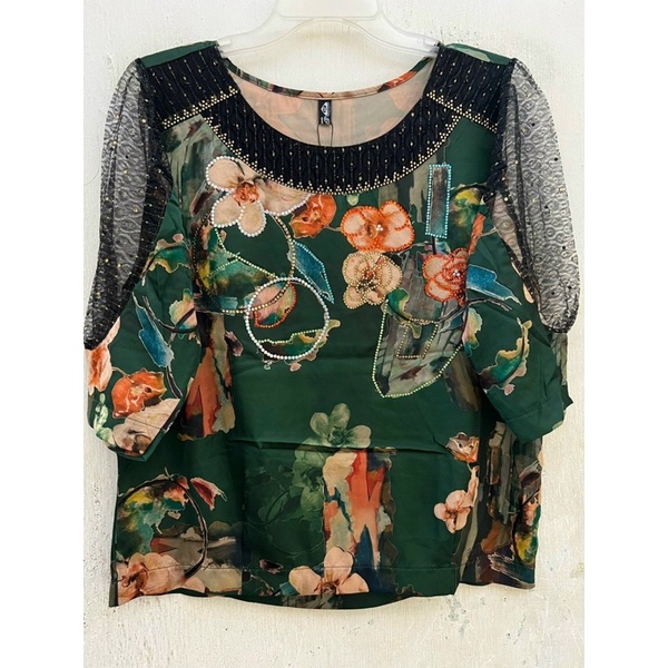 Áo Kiểu Nữ Trung Niên Chất Lụa Hoa Phối Ren Hoạ Tiết Đính Đá Sang Trọng Free Size 50-65Kí