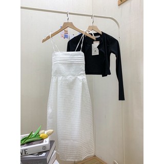 Set đầm ô xếp ly + khoác đen