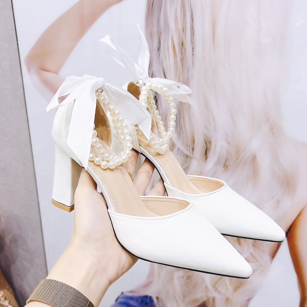 Giày bít gót quai hạt châu cao 7cm Fom to 1.5 lùi size - V39