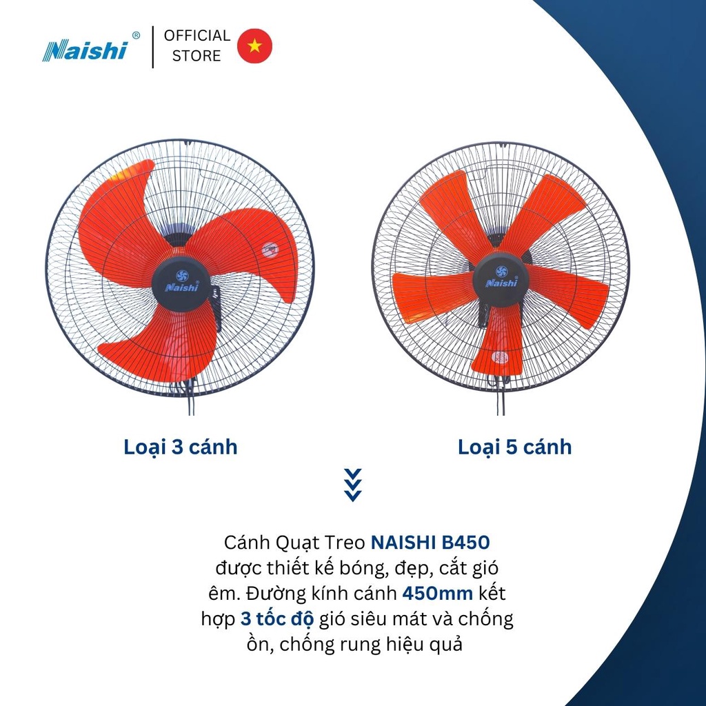 Quạt Treo Tường NAISHI B450 Túp Năng Chuyển Hướng Điện 2 Dây Rút - Công Suất 65W