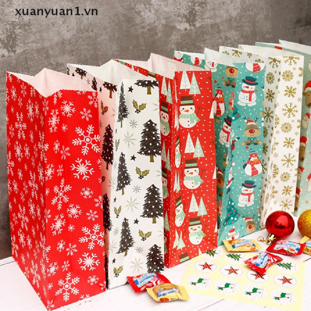 Set 24 Túi Giấy Đựng Quà + 24 Nhãn Dán Hình Ông Già Noel / Người Tuyết