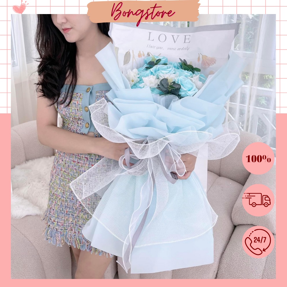 Bó hoa hồng sáp 7 lớp cao cấp màu xanh ngọc mới - quà tặng sinh nhật, ngày lễ 14/2, 8/3