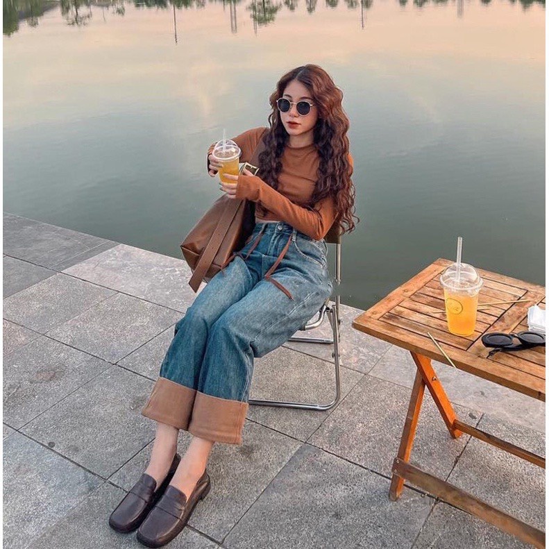 Quần bò jeans cạp cao vắn gấu phối màu nâu  QJ01