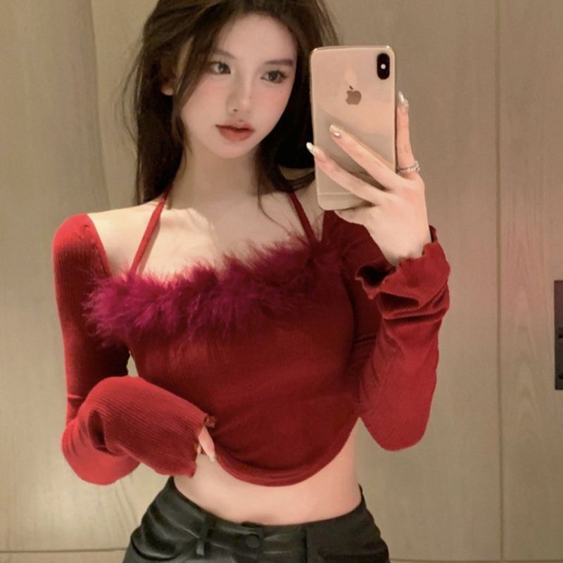 Áo Dệt Kim Trễ Vai Dáng Ngắn Màu Đỏ Phong Cách Phương Tây Thời Trang Xuân Thu Tinh Tế Cho Nữ