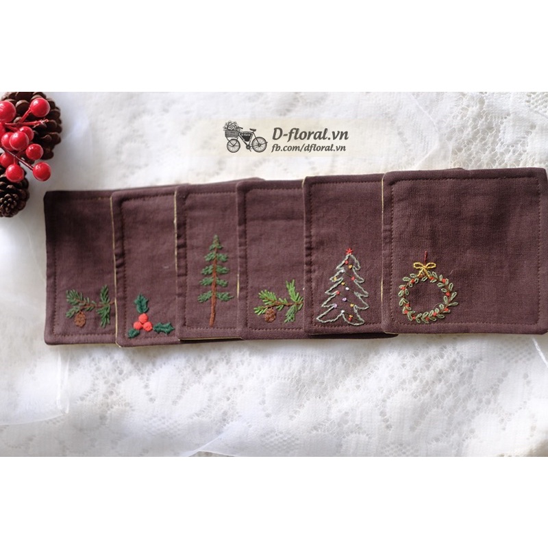 Set thêu lót ly XMas -  Quà tặng giáng sinh, Lót ly thêu tay linen giáng sinh