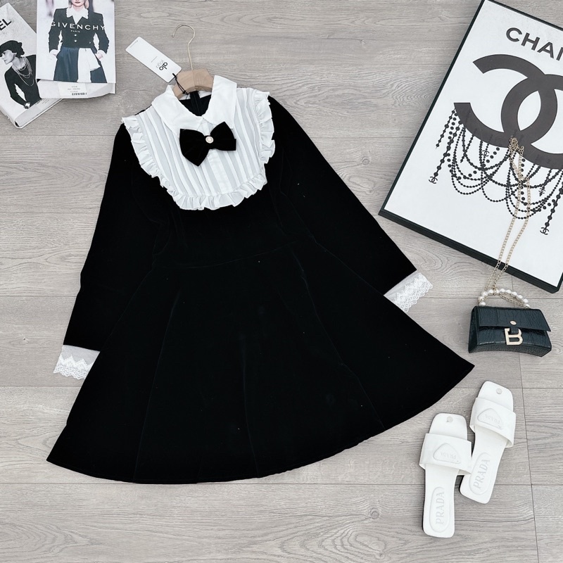 [ 𝐅𝐑𝐄𝐄 𝐒𝐇𝐈𝐏 ] Váy nhung tiểu thư nơ cổ siêu xinh Vải nhung cứng QC cao cấp, đuôi xoè rộng chuẩn mẫu,  khoá lưng dễ mặc