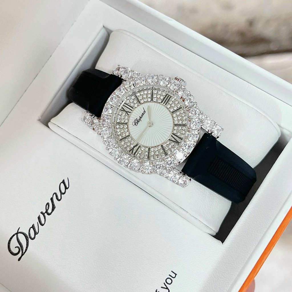 Đồng hồ nữ chopard dây da màu đen 28mm full đá  - máy quazt thụy - Bảo hành 24 tháng