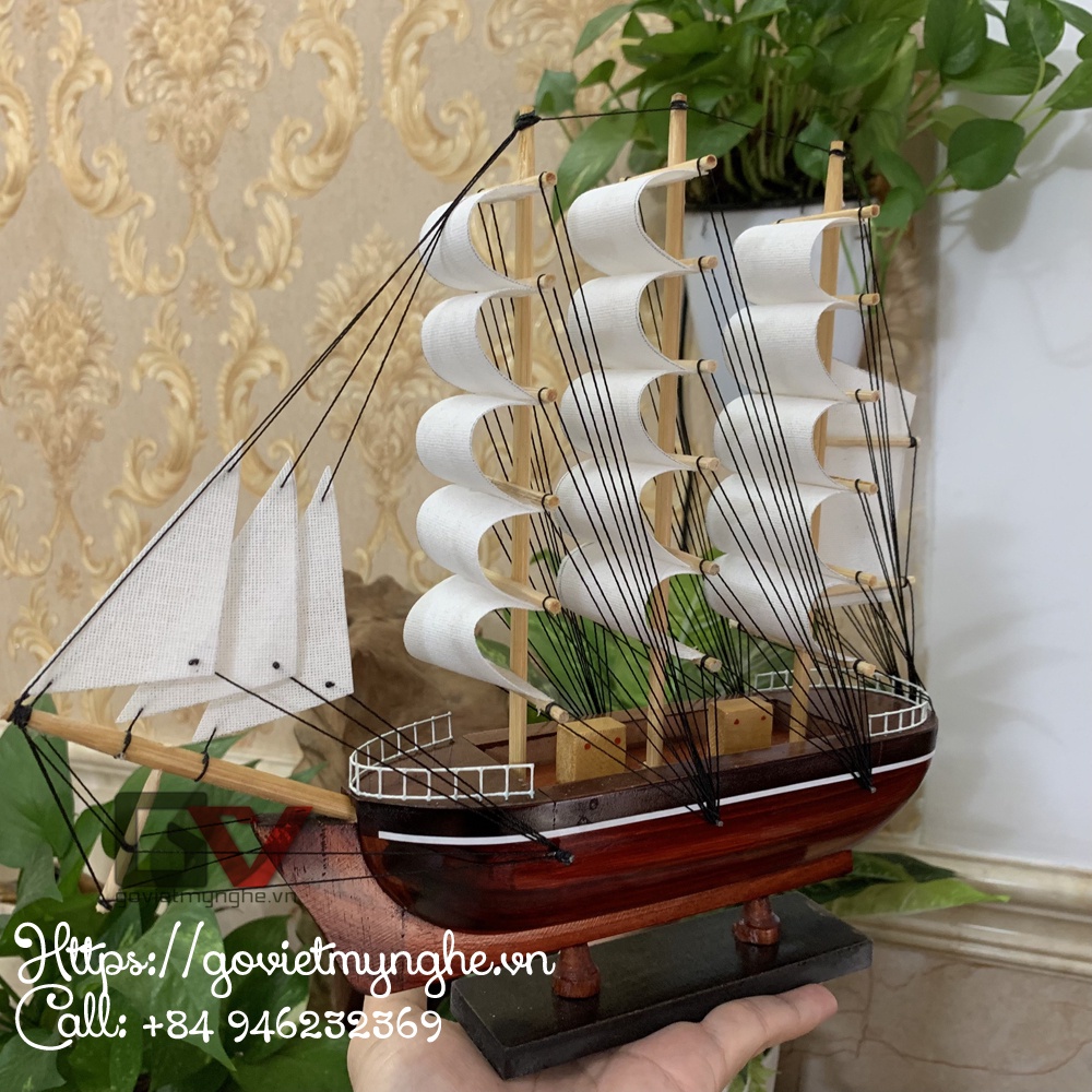 Mô hình thuyền gỗ trang trí vận tải hàng hóa thuyền France II chở hàng của Pháp - Chiều dài 27cm - Gỗ tự nhiên buồm vải