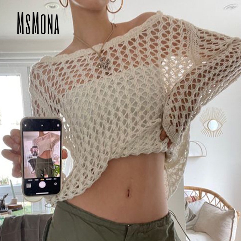 MsMona Áo Thun Dệt Kim Tay Dài Cổ Tròn Màu Trơn Dáng Rộng Thời Trang 2022 Cho Nữ