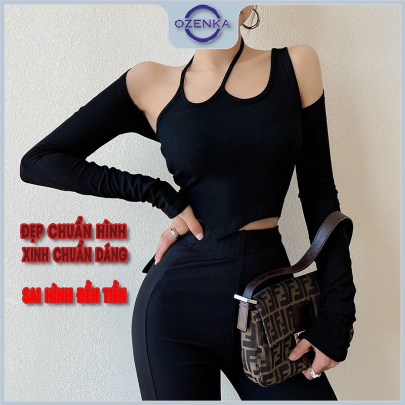 Set áo croptop tay dài hở vai áo ba lỗ nữ vạt nhọn OZENKA , áo crt ôm body gợi cảm mềm mịn thấm hút mồ hôi