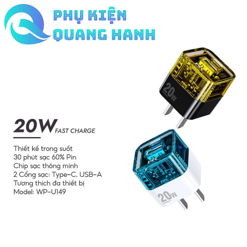 Củ Sạc Nhanh 20W Trong Suốt WEKOME Nhỏ Gọn Chip Sạc Thông Minh Hỗ Trợ 2 Cổng Sạc Nhanh PD 18w và 20w