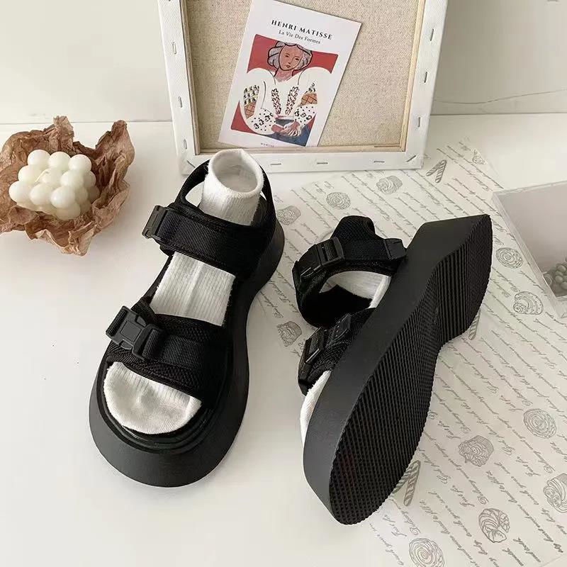 Giày Sandal Thể Thao Đế Dày Tăng Chiều Cao Bằng Da Mềm Phong Cách Harajuku Dễ Phối Đồ Thời Trang Mùa Hè Cho Nữ