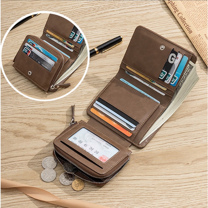 Ví Da PU Ngắn Gập Làm Ba Đựng Nhiều Thẻ Có Khóa Kéo Đa Năng Phong Cách Retro Cho Nam
