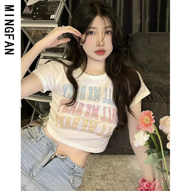 Áo nữ thun croptop thêu chữ quả đào lưa viền cực đẹp cho cô nàng năng động ba