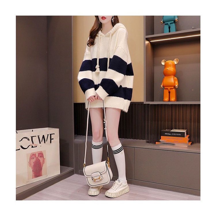 Áo Hoodie Dệt Kim Dáng Rộng Họa Tiết Kẻ Sọc Phong Cách Phương Tây Thời Trang