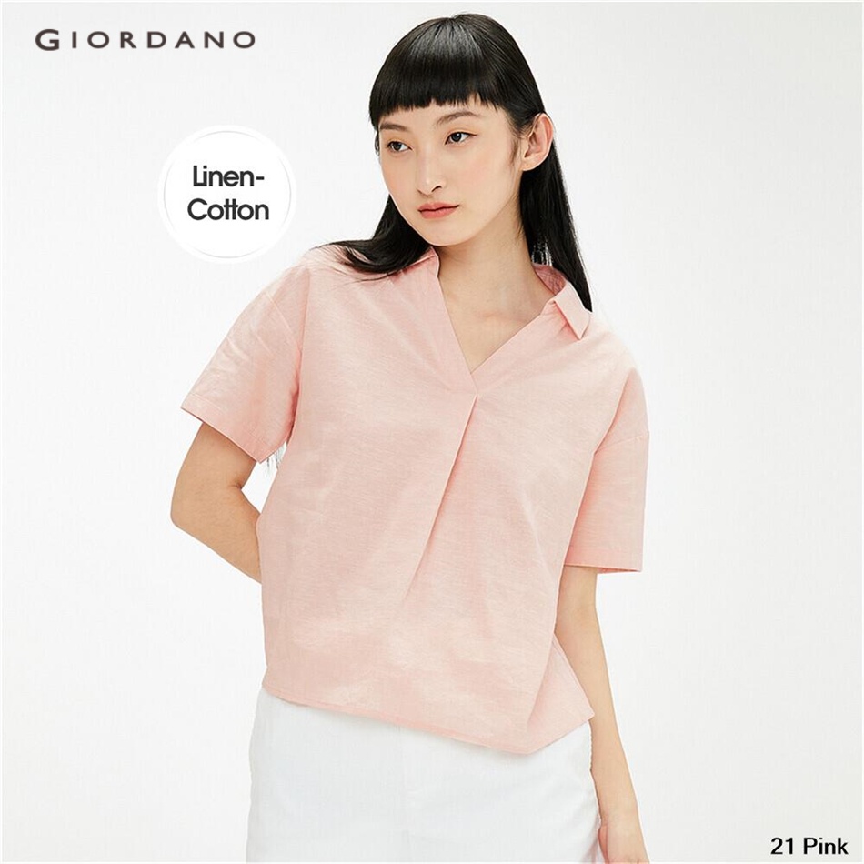 Áo kiểu sơ mi GIORDANO 13341029 tay ngắn cổ chữ V chất cotton lanh thoáng khí trẻ trung cho nữ