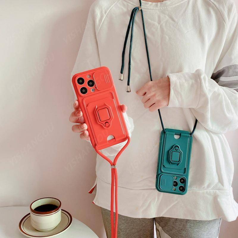 Ốp Điện Thoại Có Ngăn Đựng Thẻ Và Dây Đeo Cổ Cho iPhone 14 13 12 Pro Max Plus