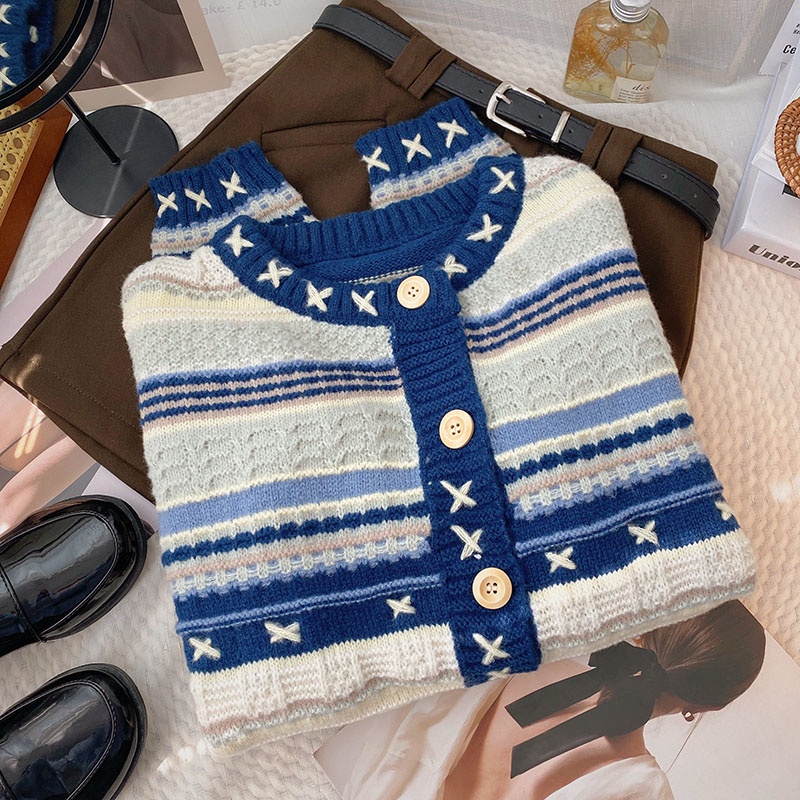 Áo khoác len nữ dài tay cổ tròn phối màu vintage, áo khoát len cardigan nữ phong cách hàn quốc 6434