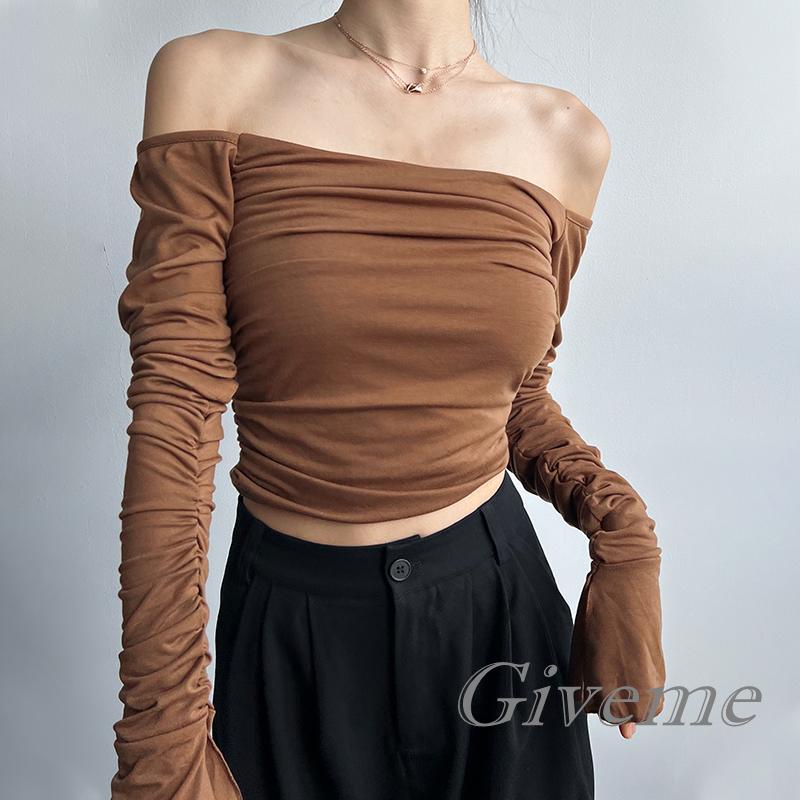Áo Croptop Trễ Vai Tay Dài Màu Sắc Thanh Lịch Cho Nữ