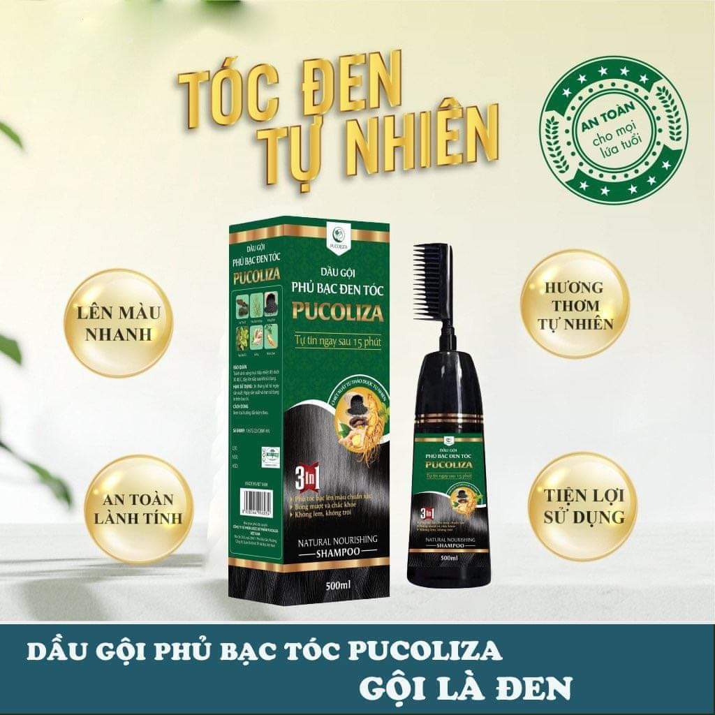 Dầu gội phủ bạc PUCOLIZA chai 500ml, Dầu gội nhuộm tóc bạc Pucoliza thảo dược thiên nhiên, 3 màu Nâu, Nâu hạt dẻ và Đen