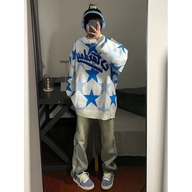 Áo Sweater Dệt Kim Cổ Tròn Dáng Rộng In Hình Ngôi Sao Thời Trang Thu Đông Hàn Quốc Cho Nữ