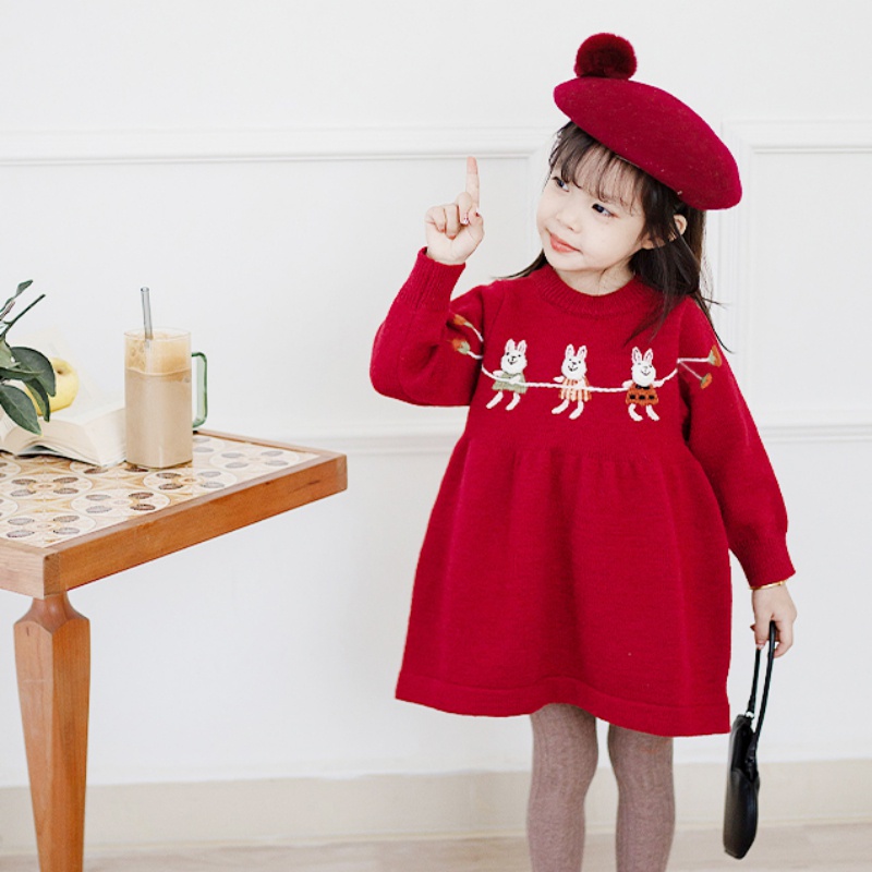 Áo Sweater Dệt Kim Dáng Chữ A Thêu Hình Chú Thỏ Dễ Thương Phong Cách Hàn Quốc Thời Trang Năm Mới Cho Bé Gái