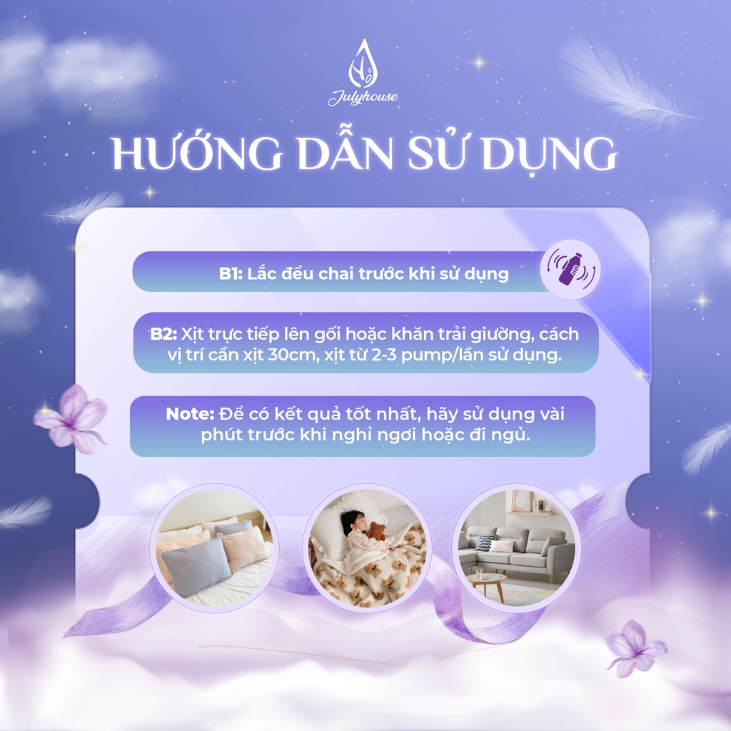 Bình xịt thơm phòng ngủ Sleeping Spray Julyhouse 100ml xịt thơm ngủ ngon hương hoa Lavender thư giãn giảm căng thẳng