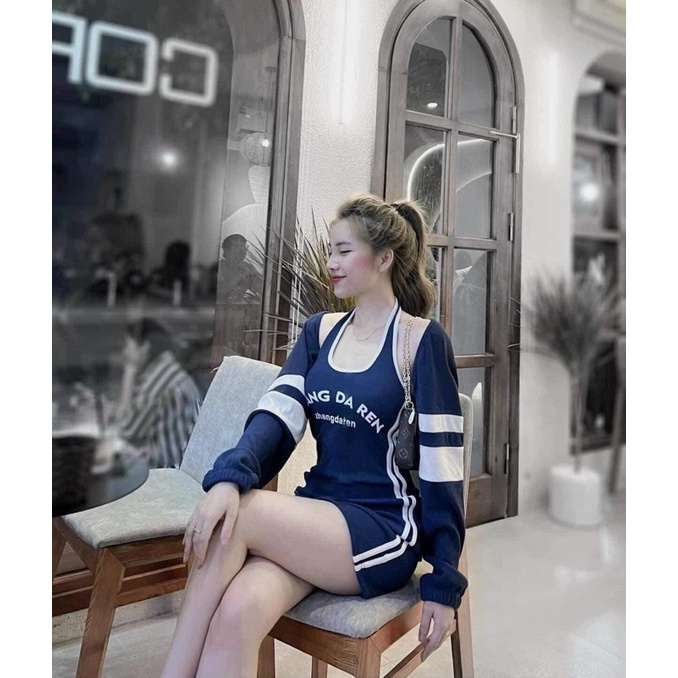 Đầm mặc thường ngày ôm body thun gân chữ A cổ yếm không tay bomber bóng chày kèm áo khoác tay dơi che mỡ xin xò cao cấp
