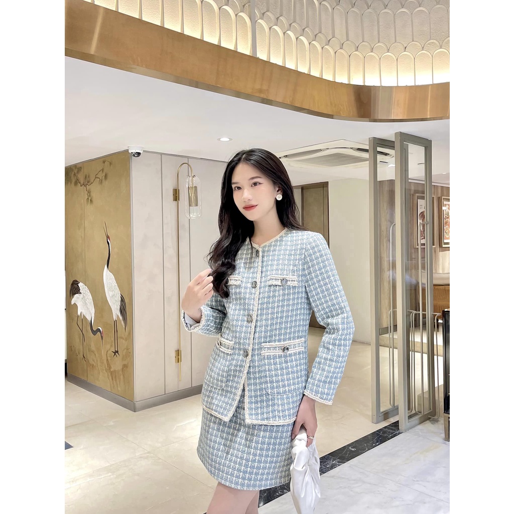 Set dạ stweed thiết kế màu xanh, áo khoác và chân váy tách rời - S.IS22.165