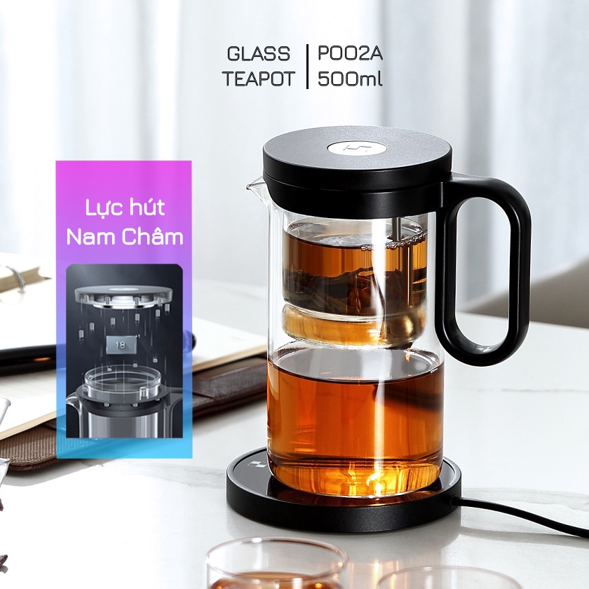 Ấm trà thủy tinh chịu nhiệt có lõi lọc P002A - 500ml (Black) - Bình lọc trà ứng dụng nam châm từ tính Magnet Application