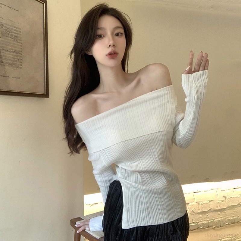 Áo Thun Dệt Kim Trễ Vai Xẻ Tà Dáng Ôm Thời Trang Cho Nữ