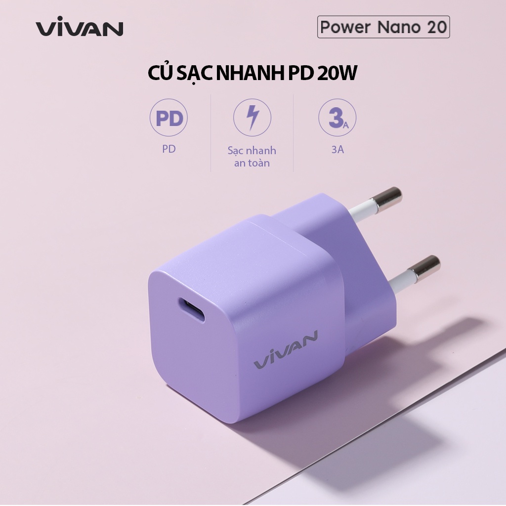 Cốc sạc VIVAN Power Nano 20 Sạc nhanh 20W chuẩn 3A Type-C (PD)