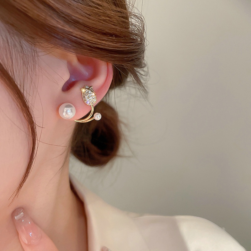 Bông Tai Mạ Bạc 925 Hình Hoa Tulip Đính Ngọc Trai Đơn Giản Thời Trang Cho Nữ