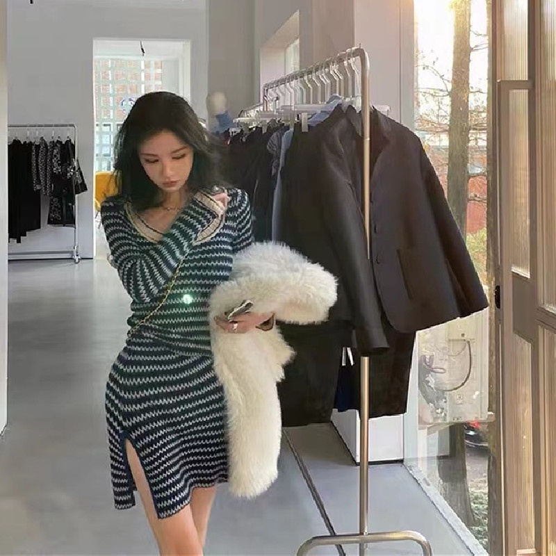 SUXI Đầm Dệt Kim Dáng Ôm In Kẻ Sọc Màu Sắc Cổ Điển Thời Trang Thu Đông Xinh Xắn Cho Nữ